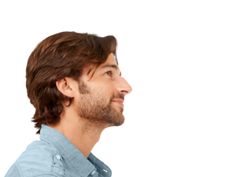 Businessman smile, thinking and looking for ideas, goals and inspiration. Happiness, contemplation and young male employee with motivation, vision, and plan isolated from a transparent png background