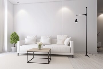 interior comfortable simple design room apartment living room white decoration cosy. Generative AI.