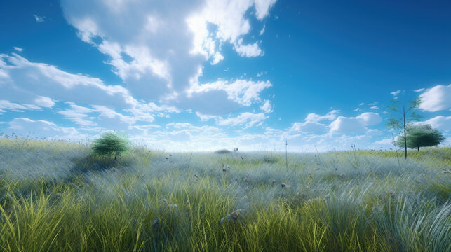 広い青空と雲と緑の草原 ,Generative AI