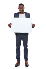 Poster mockup, black man and happy portrait isolated on a transparent, png background. Male business person show placard, billboard or paper banner for advertising, promotion or brand announcement