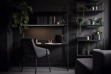 interior pc desktop stylish wooden work office trendy mockup armchair wall lamp. Generative AI.
