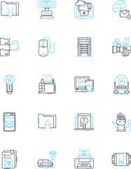 Machine linear icons set. Automation, Robotics, Engine, Mechanism, Industrial, Tool, Equipment line vector and concept signs. Gadget,Appliance,Factory outline illustrations