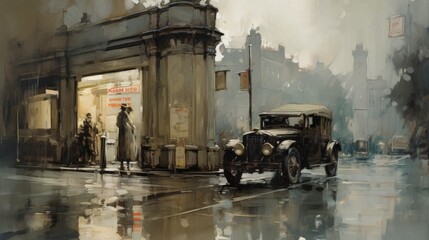 1930s London Car Gas Station Impressionist Painting - obrazy, fototapety, plakaty