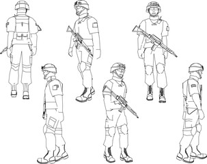 Fototapeta na wymiar Sketch vector illustration of an armed military police soldier