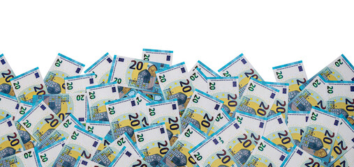 a heap of 20 euro banknotes on a white background for banner, panorama or border