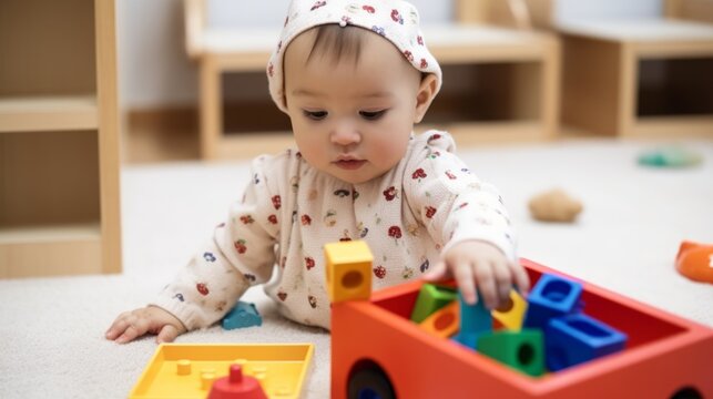 Closeup of toddler girl playing with wooden toys and learning early geometry and practicing fine motor skills. Generative AI
