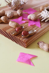 June Party Brazil. Typical foods of June Festival with decorations flags and straw hats miniatures.