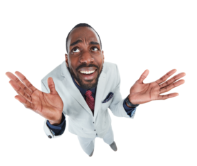 Top view, thinking and black man confused, ideas or curious worker isolated against transparent background. Male employee, consultant or entrepreneur with questions, perspective or decisions with png