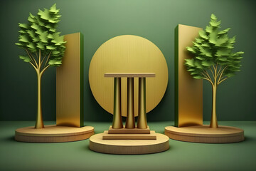 gold round geometric stands with trees on them as podium display on green background, Generative AI