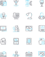 Trade policy linear icons set. Export, Import, Tariffs, Quotas, Protectionism, Free trade, Trade agreements line vector and concept signs. Sanctions,Dispute resolution,WTO outline illustrations