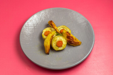 front view cooked squash slices inside grey plate on pink desk food vegetable dinner dish color