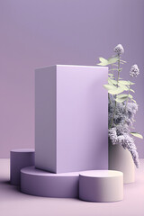 light purple podium display in the form of a rectangular column on a round base with flowers on background, Generative AI