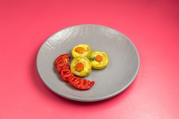 front view cooked squash slices with fresh red tomatoes inside plate on pink background food meal vegetable dinner plant color