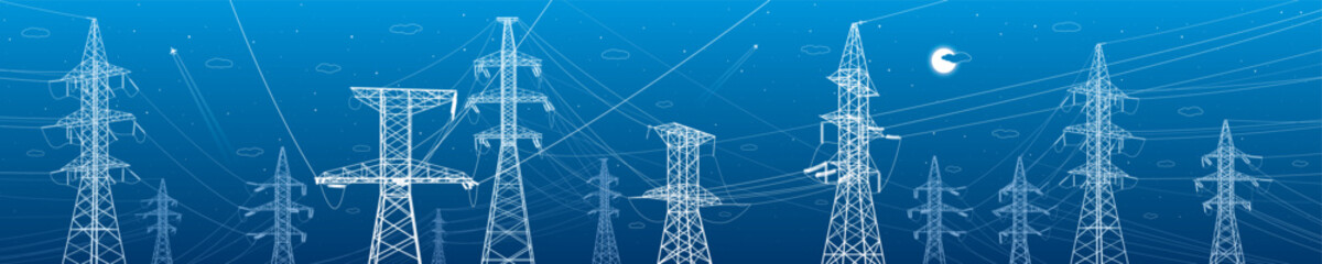 High voltage transmission systems. Electric pole. Power lines. A network of interconnected electrical. Energy pylons. City electricity infrastructure. White otlines on blue background. Vector design