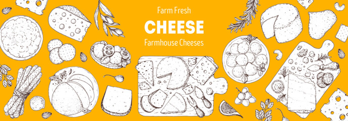Cheese sketch, hand drawn illustration, top view frame. Food design template. Package pattern. Vector illustration with collection of cheese. Engraved style image. Dairy farm products cheese.