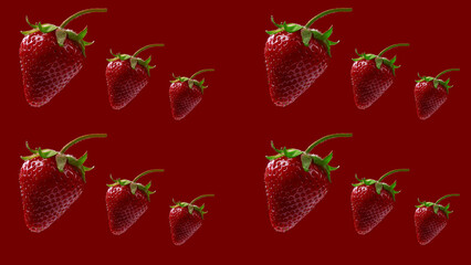 Close-up of strawberries of different sizes flying, isolated on a red background. Healthy fruits.
