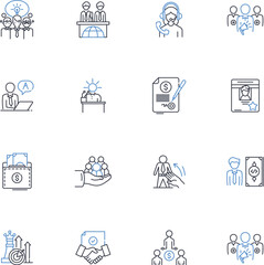 Facilitating and assisting line icons collection. Coaching, Guiding, Supporting, Mentoring, Leading, Encouraging, Empowering vector and linear illustration. Directing,Advising,Instructing outline