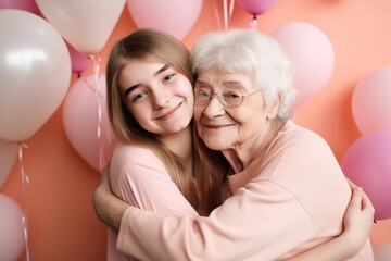 Happy grandmother and granddaughter, hugging. Generate by ai