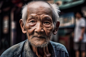 Generative AI illustration of serious bearded senior ethnic Asian male in casual jacket looking at camera while standing on blurred city street