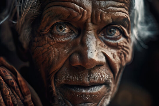 Generative AI illustration of crop senior native ethnic man with wrinkled face looking at camera against dark background