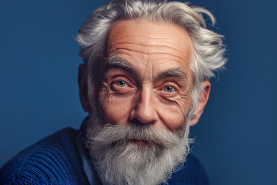 Generative AI illustration portrait of smart casually dressed senior male with gray hair and mustache with beard looking at camera against dark blue background