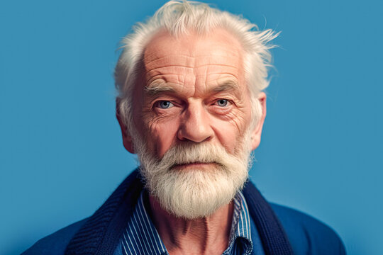 Generative AI illustration with portrait of confident senior man with gray hair looking at camera against blue background in studio