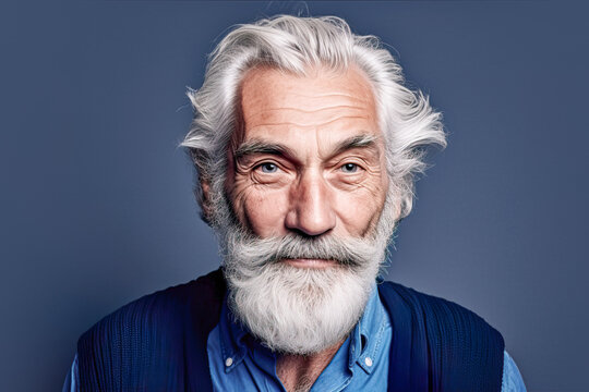 Generative AI illustration portrait of smart casually dressed senior male with gray hair and mustache with beard looking at camera against dark blue background