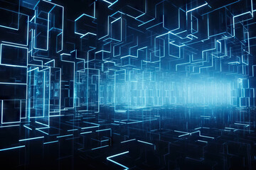 Generative AI illustration of interior of futuristic server supercomputer with glowing neon geometric pattern