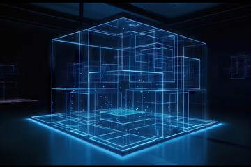 Generative AI illustration of modern spacious futuristic supercomputer with transparent glass square boxes and neon illumination