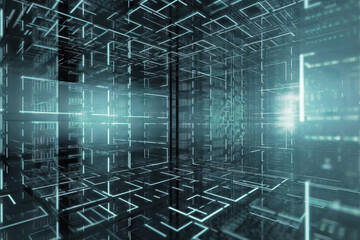 Generative AI illustration of interior of futuristic server supercomputer with glowing neon geometric pattern