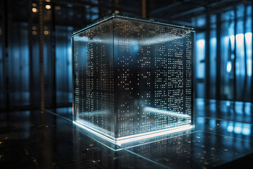 Generative AI illustration of transparent glass square box with circuit board placed on shiny surface in illuminated cyberspace