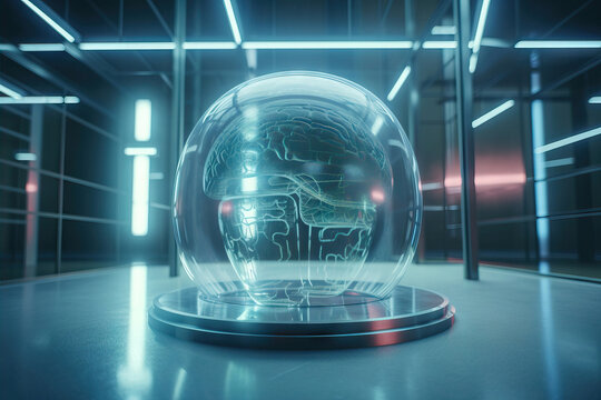 Generative AI image of human brain hologram inside of transparent glass sphere placed in spacious futuristic room with neon lights