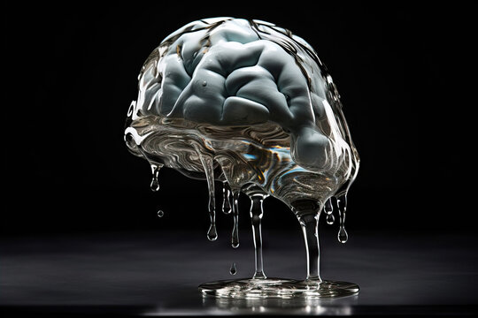 Creative generative AI illustration of brain inside of transparent liquid substance against black background