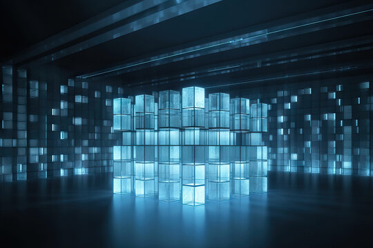 Generative AI illustration of modern spacious futuristic supercomputer with transparent glass square boxes and neon illumination