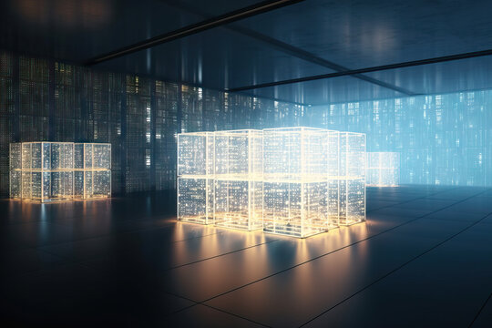 Generative AI picture of futuristic room interior with glowing digital monitors and transparent square boxes