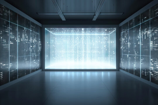 Generative AI illustration of interior of spacious futuristic processor room with black tiled floor and bright illumination on walls