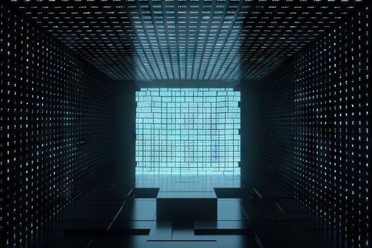 AI generated illustration of futuristic supercomputer with glowing wall and neon illumination and black tiled floor