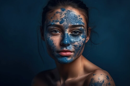 Generative AI illustration portrait of young woman with face and body covered in blue muddy paint and eyes closed while standing against black background