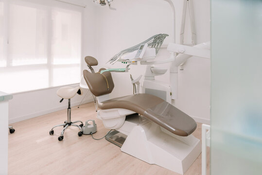 Dentist chair with equipment in clinic