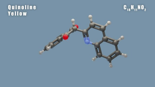 Quinoline Yellow of C18H11NO2 3D Conformer animated render. Food additive E104 
Isolated background and alpha layer, seamless loop.