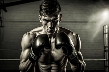 Fototapeta na wymiar Young and muscular white man with boxing gloves, challenger facing challenges. Ai generated.