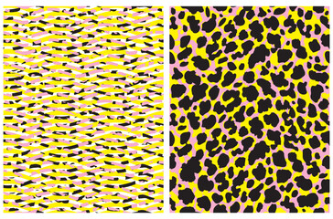 Abstract Leopard Skin Seamless Vector Patterns. Black, White and Yellow Spots on a Pastel Pink Background. Wild Animal Skin Print. Simple Irregular Geometric Repeatable Design with Wavy Lines.