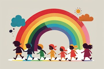 Obraz na płótnie Canvas Flat illustration of happy school children walking, with a rainbow in the background. Ai generated.
