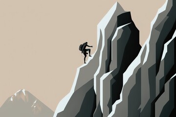 Flat illustration of a mountaineer adventurer climbing a mountain. Ai generated.