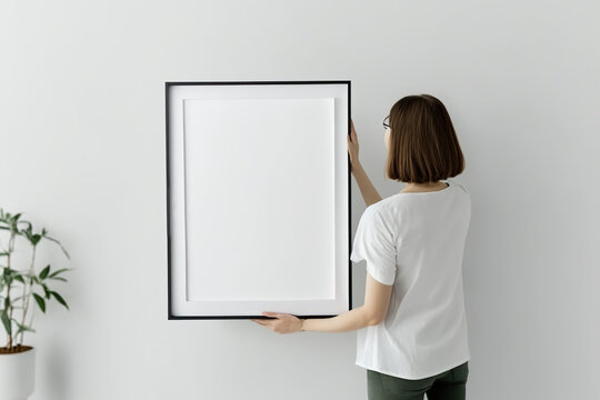 A woman is holding a blank frame to hang on a white wall. Ai generated.