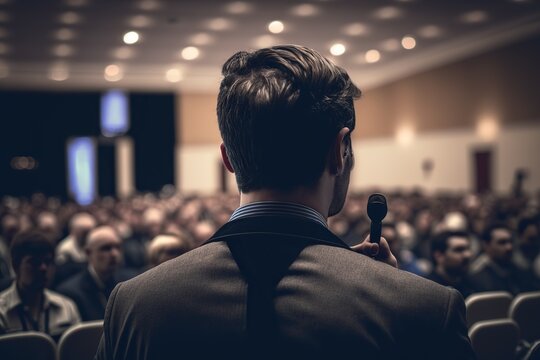 With his back turned, an anxious man is facing a talk in front of a crowd of people. Ai generated.