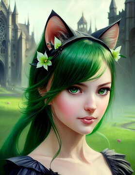 Green haired catgirl with old toxic castle, Generative AI