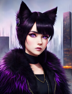 Futuristic catgirl with violet eyes in a dystopian city, Generative AI