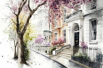 Watercolor New York streets in spring. White background , ai generative