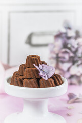Chocolate pralines in the form of small Bundt cakes, dusted with cocoa, on light pink background, decorated with hydrangea blossom